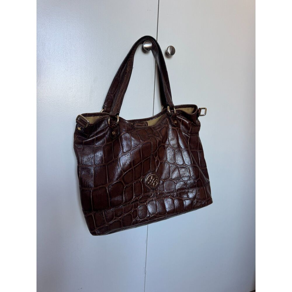 Vintage Antonio Melani croc embossed large brown leather purse gold hardware